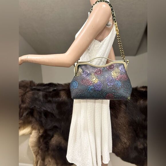 Unique Colorful Rose Embossed Cowhide Handmade  Retro Style Kisslock Handbag - Picture 3 of 17